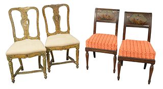 Two Pairs of Chairs, to include Italian pair with chinoiserie painted panel, height 38 inches; along with a pair of Venetian side chairs, paint decora