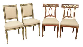 Two Pairs of Side Chairs, to include pair of Italian painted side chairs; along with a pair of directoire side chairs, all with newly upholstered seat