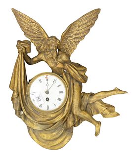 Italian Giltwood Father Time Wall Clock, 19th century or later, cracks and minor loss to the dial, height 19 inches, width 16 inches.