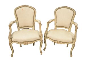 Pair of Louis XV Style Fauteuil, newly upholstered, height 35 inches.