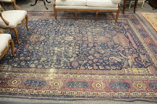 Lavere Kerman Oriental Carpet, having fine writing, 8' 8" x 12' 5", (with wear and worn through spots).