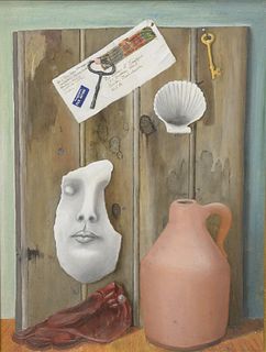 American School (early 20th century) Trompe-l'oeil with a seashell and jug, oil on board, unsigned, 24" x 18".