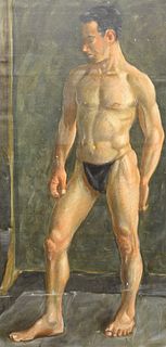 Ricardo Angelico (Portuguese, b. 1973), The Male Study, oil on canvas, signed faintly on the reverse "Angelico" 40" x 19 1/2". Provenance: Formally fr