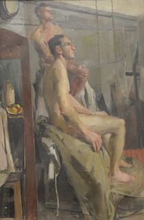 American School (20th century), study of two male nudes, oil on canvas, unsigned, 30" x 20".