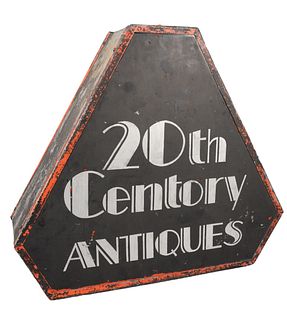 Vintage Triangular Metal Advertising or Storefront Sign, having black, white and red paint, inscribed '20th Century Antiques', height 21 1/2 inches, w
