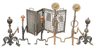 Seven Piece Lot, to include a pair of iron andirons with sunflower tops; a small fire screen; two brass and iron andirons (one top ball missing); alon
