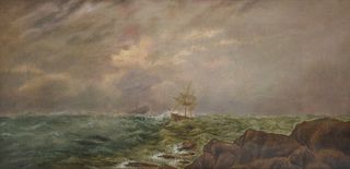 British or American School (early 20th century), ships in the choppy seas, oil on canvas, unsigned, 12" x 24".