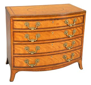 George IV Satinwood Chest having rosewood banding and large brass hardware, top drawer with felt covered writing surface over separated compartments, 
