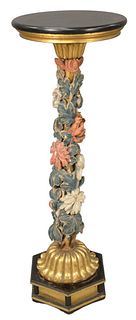 Polychrome Painted Carved Wood Pedestal, on openwork pedestal in various colors, height 41 inches, diameter 15 inches.