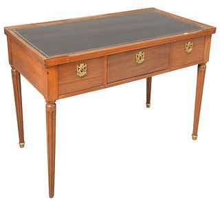 Louis XVI Style Desk, having tooled leather top over three drawers and brass capped feet, height 27 inches, top 21" x 38".