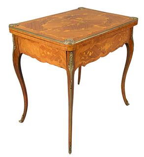 Louis XV Style Marquetry Inlaid Occasional Table, having one drawer and felted interior on cabriole legs, height 29 inches, top 21" x 29".