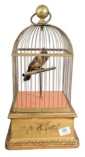 19th Century or Later Giltwood and Brass Automaton Bird Cage, having mechanical singing bird in brass cage with music box case, moving head, in workin