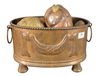 Group of Mixed Metal Table Display Fruit, copper, brass and silverplate in copper cache pot, height 9 inches, width 15 inches.