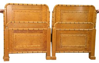 Pair of Faux Bamboo and Birdseye Maple Victorian Twin Beds, along with rails, attributed to Horner, height 55 inches.