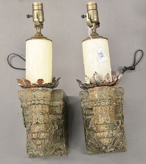 Pair of Painted Wood Sconces, having faux candle shaft, length 18 inches, width 5 inches, depth 12 inches.