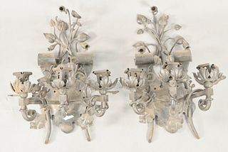 Pair of Ceril Conlick American Wrought Iron Wall Sconces, each having three lights, length 18 inches, width 10 1/2 inches.