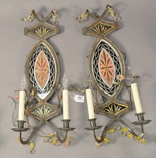 Pair of Tole and Reverse Glass Painted Sconces, having two lights each and glass bead drops, height 22 inches, width 10 1/2 inches.