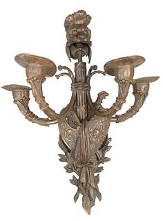 Large Neoclassical Style Bronze Sconce, having five lights and a gladiator helmet form to the top, height 17 inches, width 15 inches, depth 15 1/2 inc