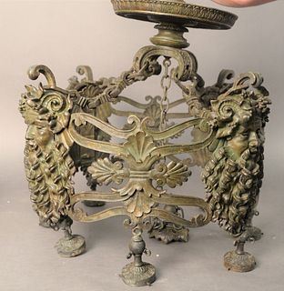 Large Bronze Figural Chandelier, having circular frame with four large bearded masks, along with eight drop lights, height 18 inches, diameter 24 inch