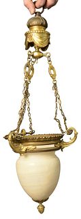 Small Gilt Bronze and Alabaster hanging Lantern, diameter 9 inches.