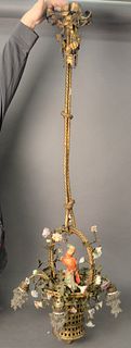 French Bronze, Porcelain, and Glass Chandelier; having bronze flower basket form set with a porcelain parrot, flowers, and four arching arms set with 