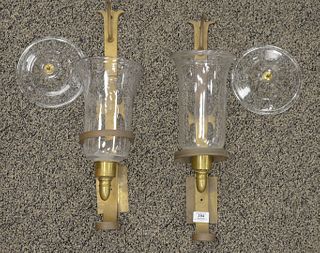 Pair of Glass and Brass Mounted Hurricane Sconces, having brass wall brackets, height 14 inches, diameter 7 1/2 inches.