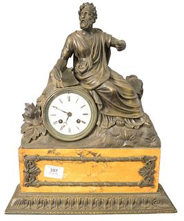 French Empire Bronze Figural Clock, mounted on orange marble base, having brass mounted details, height 16 1/2 inches, width 14 inches.
