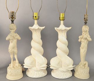 Two Pairs of Plaster Table Lamps, to include a pair of mermaid children form lamps, one holding shells, the other having fruit; along with a pair of i
