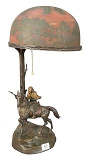 Arsall/Gadek Orientalist Cameo Glass and Bronze Table Lamp, having etched glass shade with orientalist scene of a Middle Eastern man on a camel with E