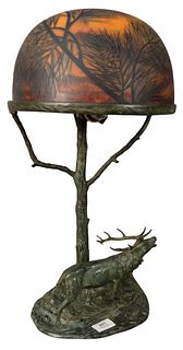Table Lamp, having cameo glass pine cone shade and Austrian stag bronze base, marked Made in Austria to the base, overall height 23 inches.