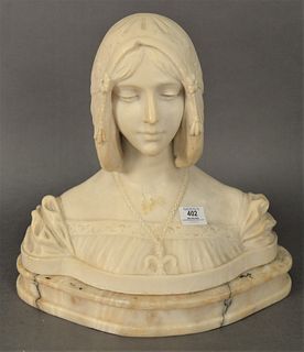 Marble Bust of a Woman, wearing a partial fleur-de-lis necklace, on matching marble base, height 16 inches, width 16 inches, depth 6 1/2 inches, (part