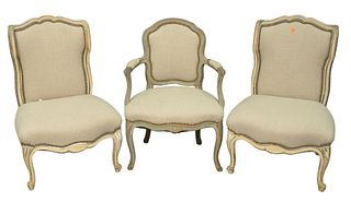 Three Piece Lot, to include pair of Louis XV style slipper chairs, newly upholstered; along with a child's size Louis XV style fauteuil, seat height 1