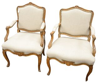 Pair of Louis XV Style Upholstered Chairs, height 35 inches, width 25 inches.