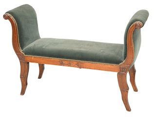 Regency Style Upholstered Window Bench, total height 32 inches, length 48 inches, depth 16 inches.
