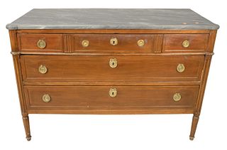 Louis XVI Style Commode, having marble top and three over two drawers, width 50 inches, height 34 inches, depth 23 inches.