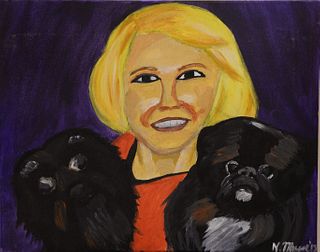 Nicole Meyer (American, 20th century), portrait of Joan Rivers and her two dogs, acrylic on canvas, inscribed to Rivers personally on the reverse: To: