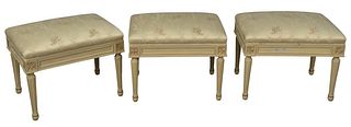 Three Auffray and Company Louis XVI Style Ottomans, all having silk floral upholstery, height 17 inches, top 16 1/2" x 22".