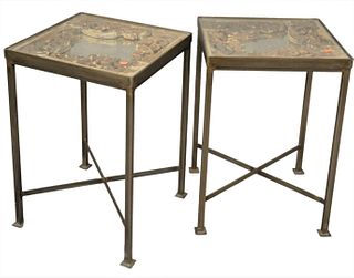 Pair of Steel Side Tables, having glass tops over carved frame on mirror, height 25 inches, top 17" x 16".