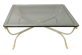 Steel, Brass and Glass Coffee Table, having brass rams heads and hoof feet, attributed to Jansen, height 17 1/2 inches, top 42" x 42".