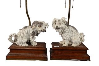 Pair of Meissen Porcelain Bolognese Dog Table Lamps, modeled after J. Kaendler, on wood bases, height of figure approximately 8 inches, length of figu