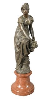 German School (19th century), woman with a flower basket, bronze, inscribed indistinctly on the front, inscribed on the reverse "Guss Beyschnsong and 