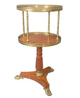 French Empire Two Tier Cocktail Stand, having revolving two tier with brass gallery on reeded shaft, on tripod base with brass feet, height 45 inches,
