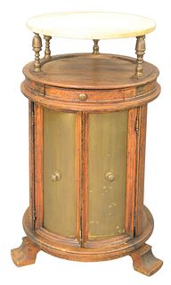 Continental Round Back Cabinet, having marble shelf on brass supports over two doors, having brass panels, height 41 inches, diameter 24 inches.