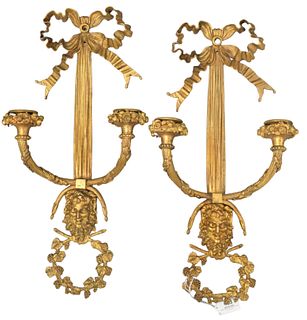 Pair of Louis XVI Style Gilt Bronze Two Light Wall Sconces, having ribbon and wreath motif, height 22 inches.