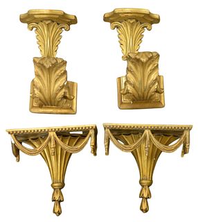 Three Pairs of Gilt Shelf Brackets, largest pair: height 14 inches, width 8 1/2 inches, depth 8 inches, (two pairs with loss).
