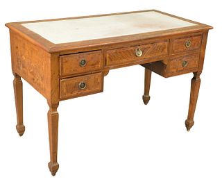 French Inlaid Desk, having leather top over banded inlaid drawers, height 30 inches, width 44 inches, depth 22 1/2 inches.