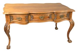 Continental Style Shaped Partners Desk, having three drawers on either side, on cabriole legs ending in ball and claw feet, height 31 inches, top 33" 