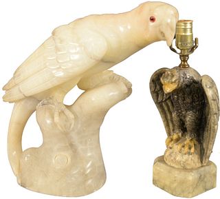 Two Piece Lot, to include an alabaster carved parrot having glass eyes, along with a carved alabaster eagle made into a table lamp, lamp height 14 1/4