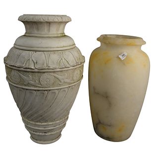 Two Piece Group, to include a large marble urn in three parts, along with a carved alabaster urn, height 20 inches, diameter 10 inches.