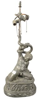 E.F. Caldwell Figural Bronze, male figure holding two serpents, mounted on a green marble base, made into a table lamp having four lights, overall hei